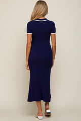 Navy Blue Collared Knit Maternity Midi Dress