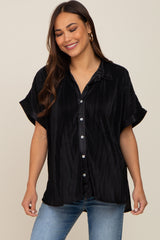 Black Pleated Satin Button Up Maternity Top