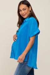 Blue Pleated Satin Button Up Maternity Top