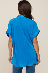 Blue Pleated Satin Button Up Maternity Top