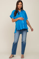 Blue Pleated Satin Button Up Maternity Top