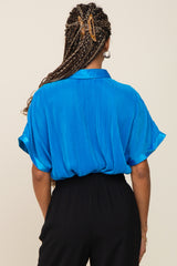 Blue Pleated Satin Button Up Top