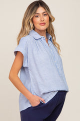 Light Blue Striped Button Front Collared Maternity Top