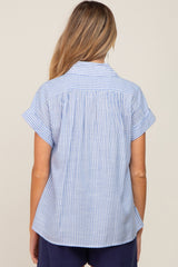 Light Blue Striped Button Front Collared Maternity Top