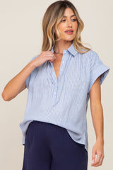 Light Blue Striped Button Front Collared Maternity Top