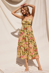 Light Olive Floral Tiered Maternity Dress