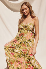 Light Olive Floral Tiered Maternity Dress