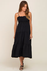 Black Smocked Open Back Tiered Midi Dress