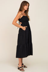 Black Smocked Open Back Tiered Midi Dress