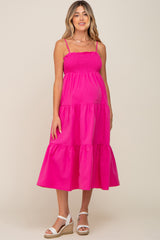 Fuchsia Smocked Open Back Tiered Maternity Midi Dress