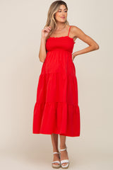 Red Smocked Open Back Tiered Maternity Midi Dress