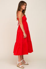 Red Smocked Open Back Tiered Midi Dress