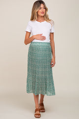 Green Floral Pleated Maternity Midi Skirt