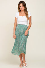 Green Floral Pleated Midi Skirt