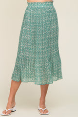 Green Floral Pleated Midi Skirt