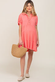 Coral Tiered Collared Linen Maternity Dress