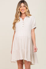 Cream Tiered Collared Linen Maternity Dress