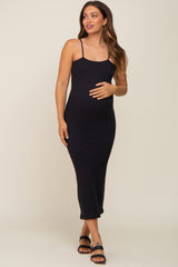 Black Ribbed Sleeveless Maternity Midi Dress