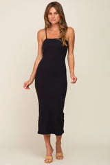 Black Ribbed Sleeveless Maternity Midi Dress