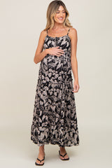 Black Palm Print Drawstring Front Tiered Maternity Maxi Dress