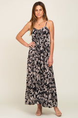 Black Palm Print Drawstring Front Tiered Maxi Dress