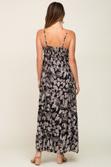 Black Palm Print Drawstring Front Tiered Maxi Dress