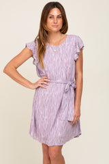 Lavender Striped Flutter Sleeve Tied Waist Maternity Dress