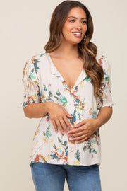 Beige Floral Smocked Sleeve Maternity Top