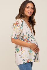 Beige Floral Smocked Sleeve Maternity Top