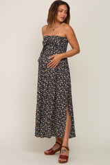 Black Floral Strapless Front Tie Side Slit Maternity Midi Dress