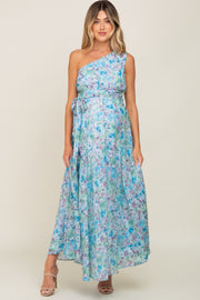 Green Floral Chiffon One Shoulder Maternity Maxi