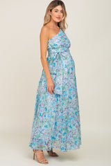 Green Floral Chiffon One Shoulder Maternity Maxi