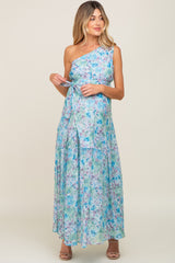 Green Floral Chiffon One Shoulder Maternity Maxi