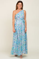 Green Floral Chiffon One Shoulder Maxi