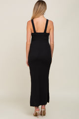 Black Rib Knit Side Slit Maternity Maxi Dress