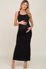 Black Rib Knit Side Slit Maternity Maxi Dress