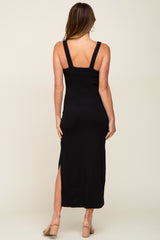 Black Rib Knit Side Slit Maxi Dress