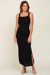 Black Rib Knit Side Slit Maxi Dress