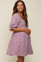 Lavender Floral Textured Square Neck Babydoll Maternity Dress