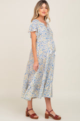 Blue Floral Tassel Tie Tiered Maternity Midi Dress