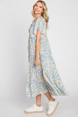 Blue Floral Tassel Tie Tiered Midi Dress