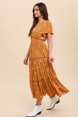 Camel Floral Embroidered Tiered Maxi Dress