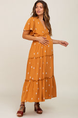 Camel Floral Embroidered Tiered Maternity Maxi Dress