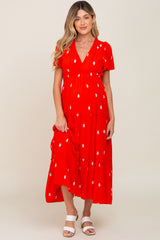 Red Floral Embroidered Tiered Maternity Maxi Dress