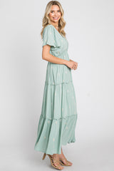 Mint Green Floral Embroidered Tiered Maxi Dress