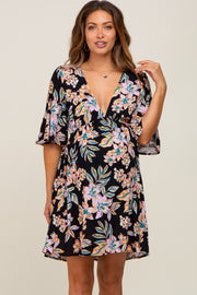 Black Floral Deep V-Neck Maternity Dress