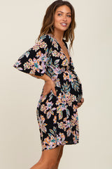 Black Floral Deep V-Neck Maternity Dress