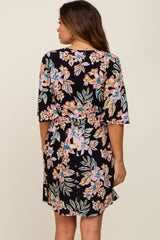 Black Floral Deep V-Neck Maternity Dress