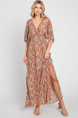 Rust Paisley Double V Short Sleeve Side Slit Maternity Maxi Dress