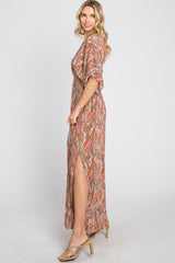 Rust Paisley Double V Short Sleeve Side Slit Maxi Dress